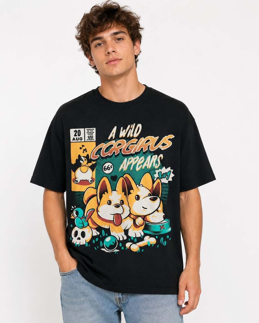 Threadless Ilustra A Wild Corgirus Appears Graphic Black T-Shirt Large New Cr80